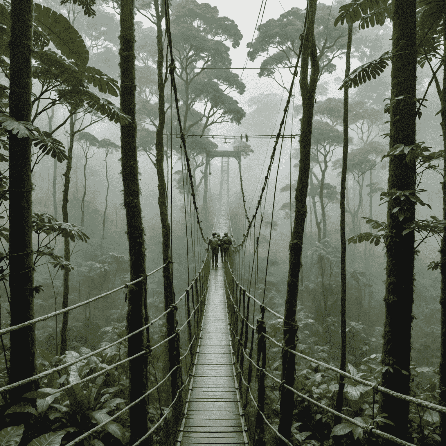 Trekkers crossing a suspension bridge in a misty jungle canopy