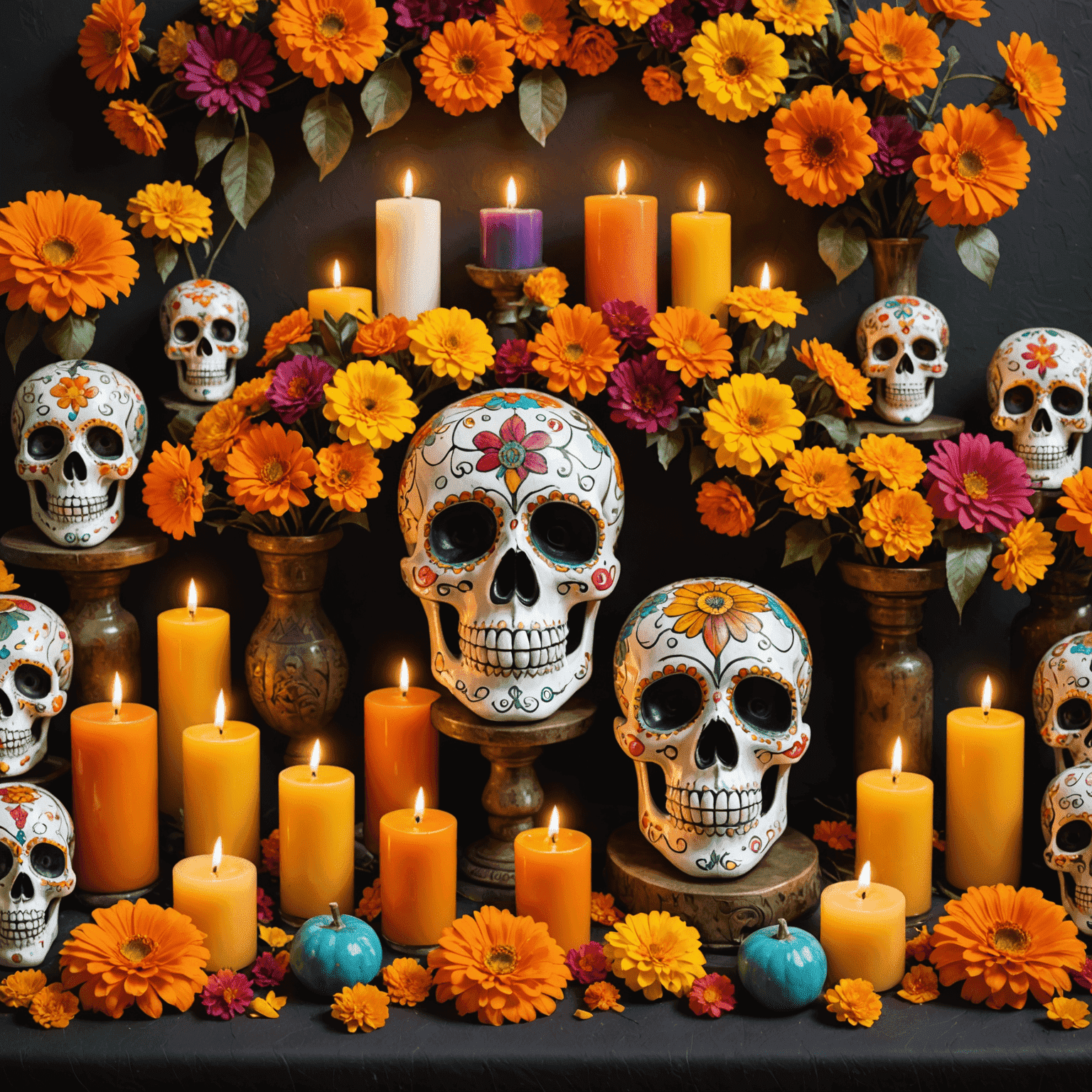 Colorful altars with marigolds, candles, and sugar skulls honoring deceased loved ones during Day of the Dead celebrations