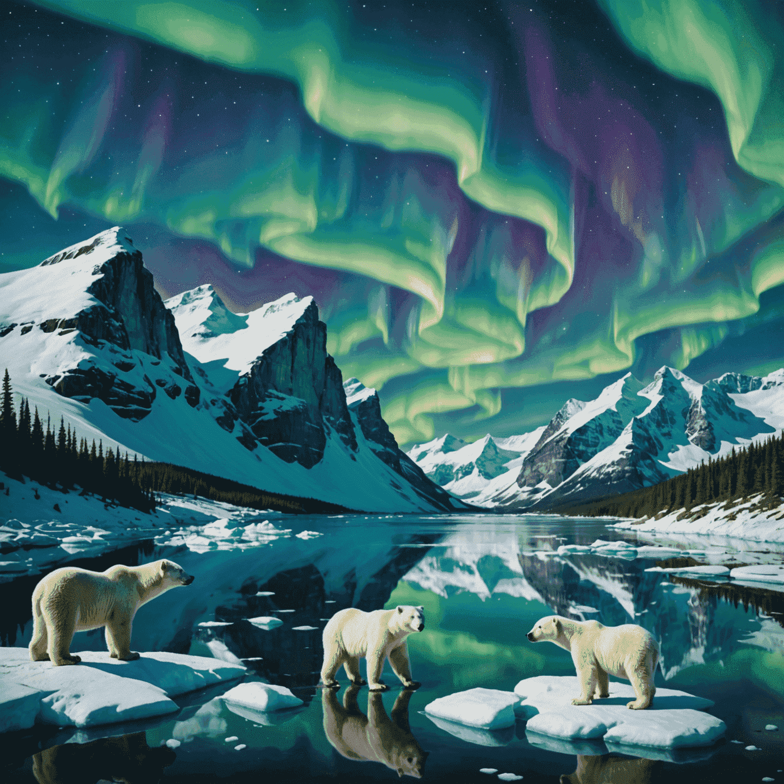 A scenic view of the Northern Lights, icebergs, and polar bears